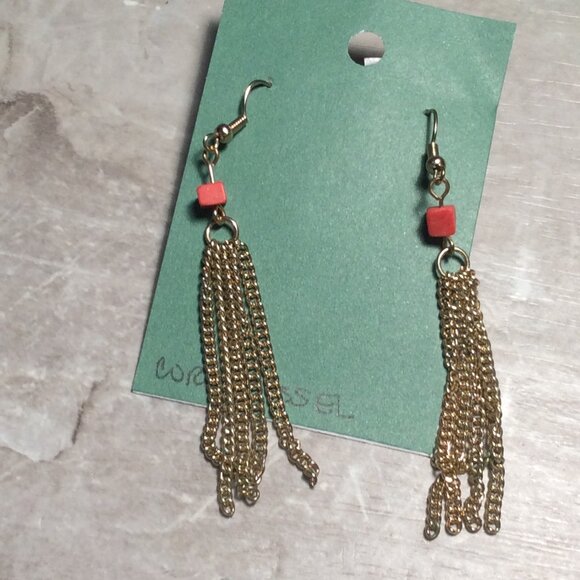 80s Earrings Golden Tassels & Coral Flair Dangles are Pure Retro Glam Perfection - Picture 3 of 3